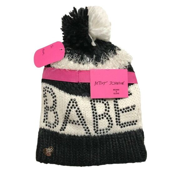 New Betsey Johnson Winter Hat Beanie Glove BABE Gift Set Studded Pompom - Picture 1 of 5
